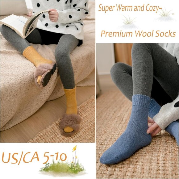 Women 5 Pairs C1-Yellow,Khaki,Brown,Blue,Green Warm Winter Cozy Thermal Socks - Picture 6 of 7